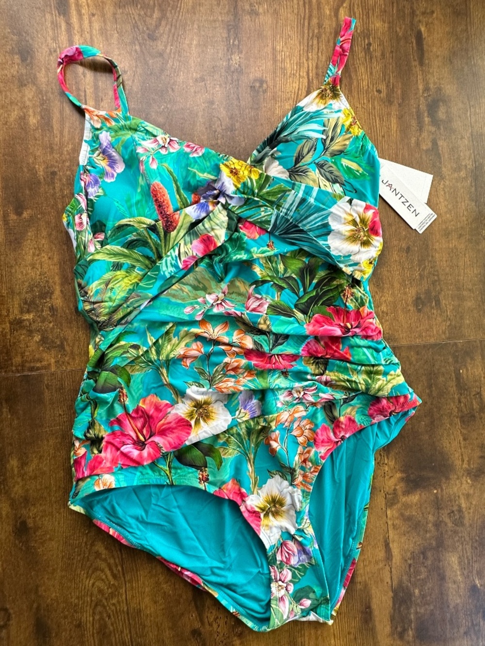 Jantzen NWT Tropical Hibiscus Palm Crossover One-Piece Swimsuit Turquoise